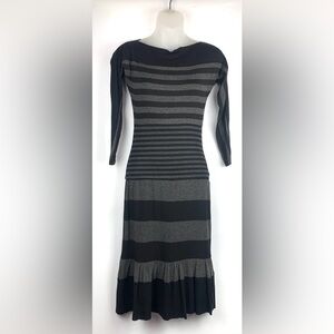 Bailey 44 Striped Boat Neck Midi Dress Fitted 3/4 Sleeves Pleated Bottom Size XS